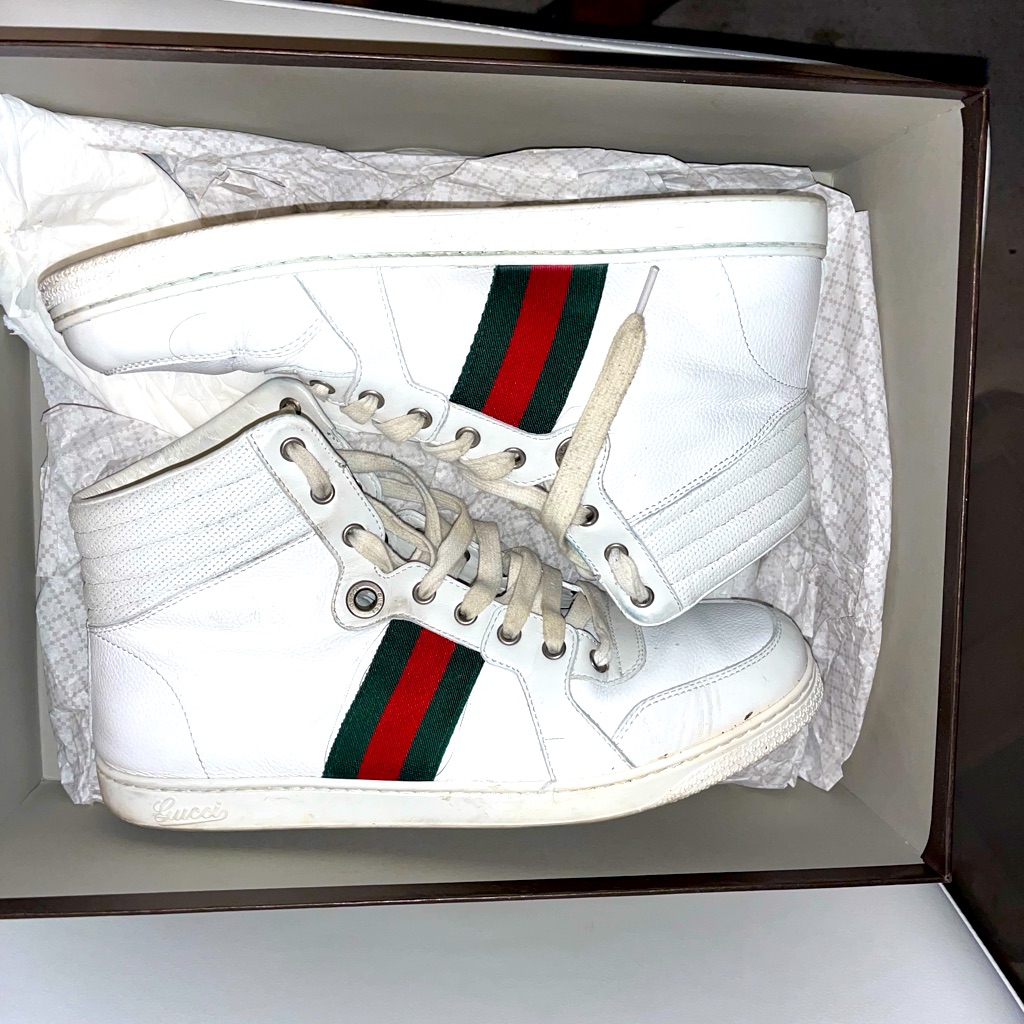 Gucci Ace High Top 221825 Gg White Green & Red Stripe Sneakers Mens 8 G Us 9